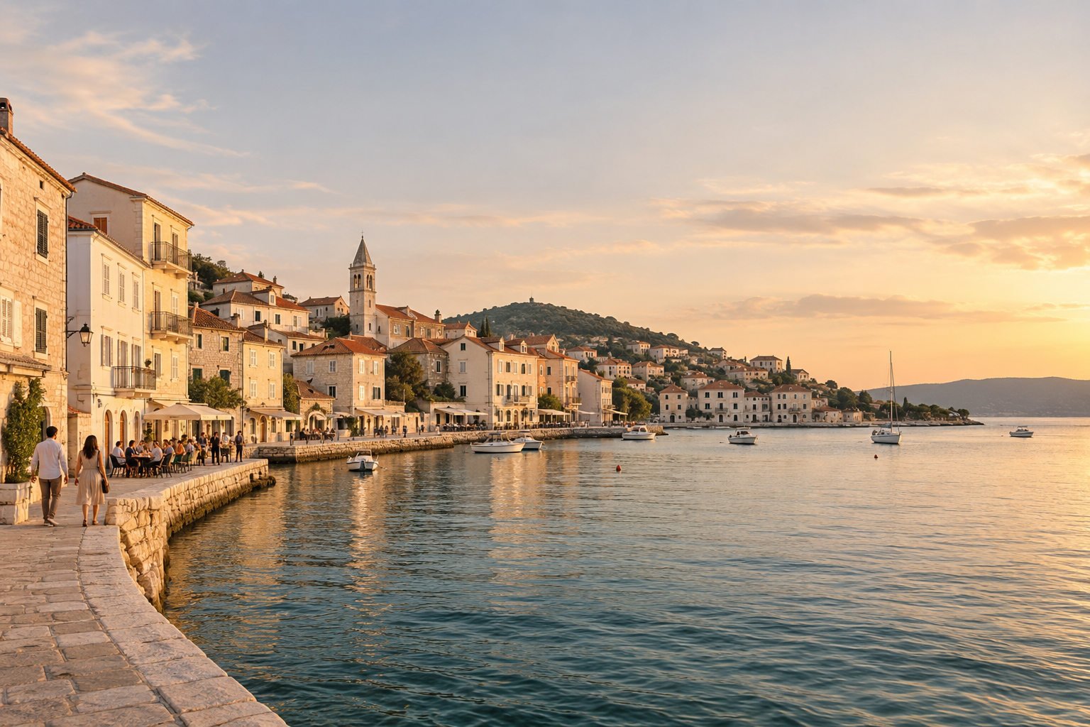 A sunlit coastal neighborhood, with cafés beside the water.